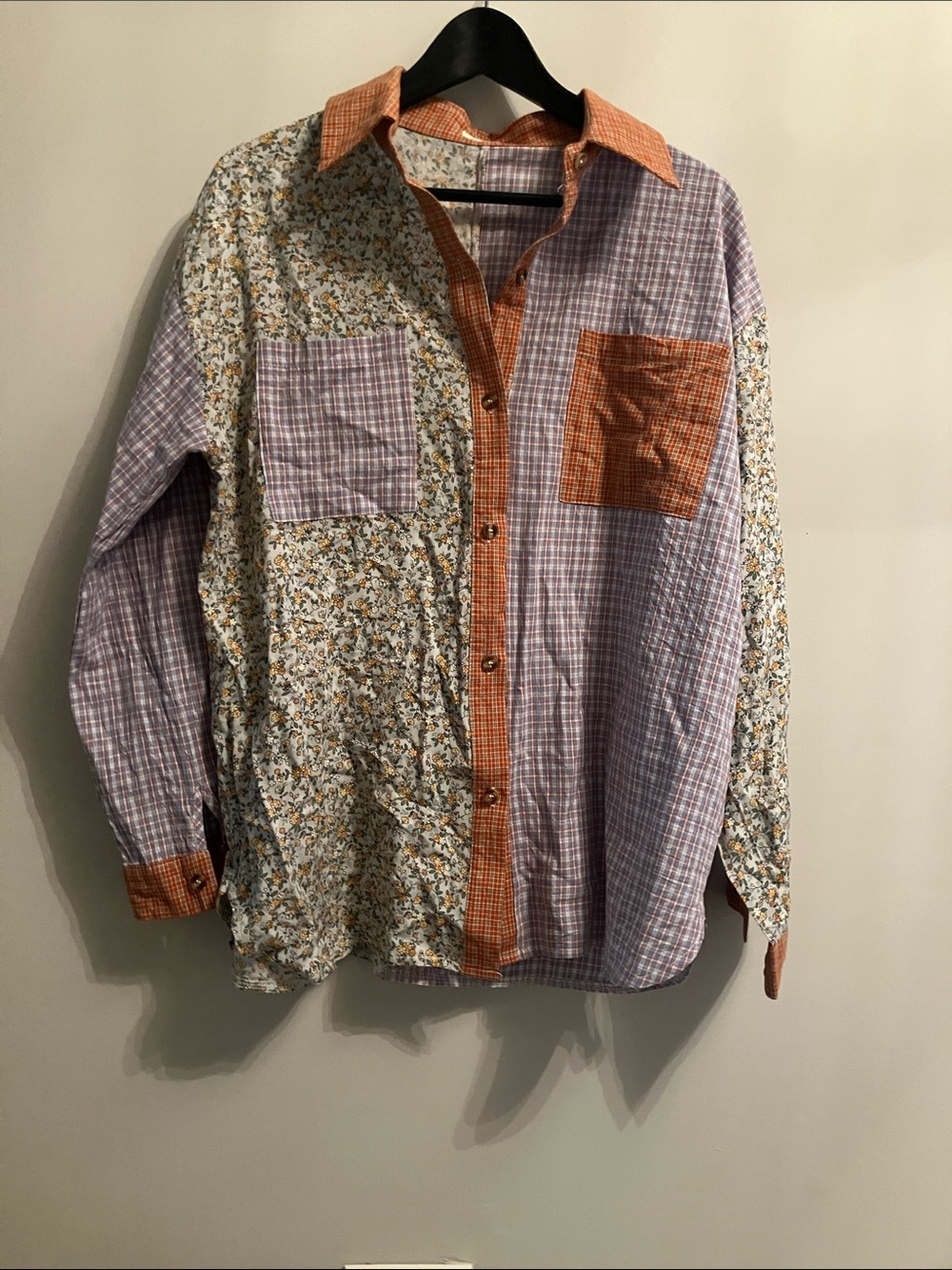 Patchwork Button-Down Shirt in Lavender and Orange